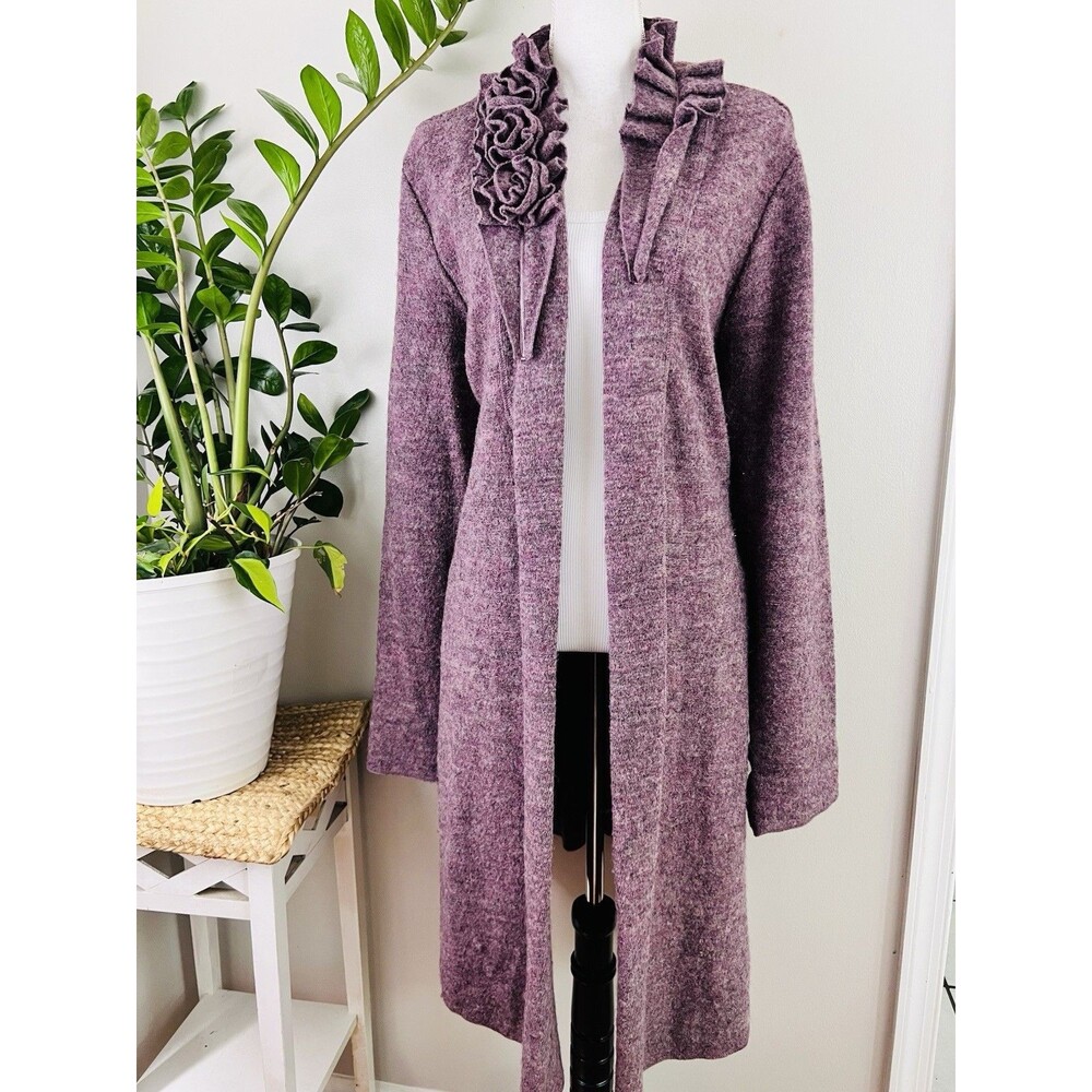 Soft Surroundings Purple Wool Ruffle Floral Collar Long Duster Cardigan Plus 3X